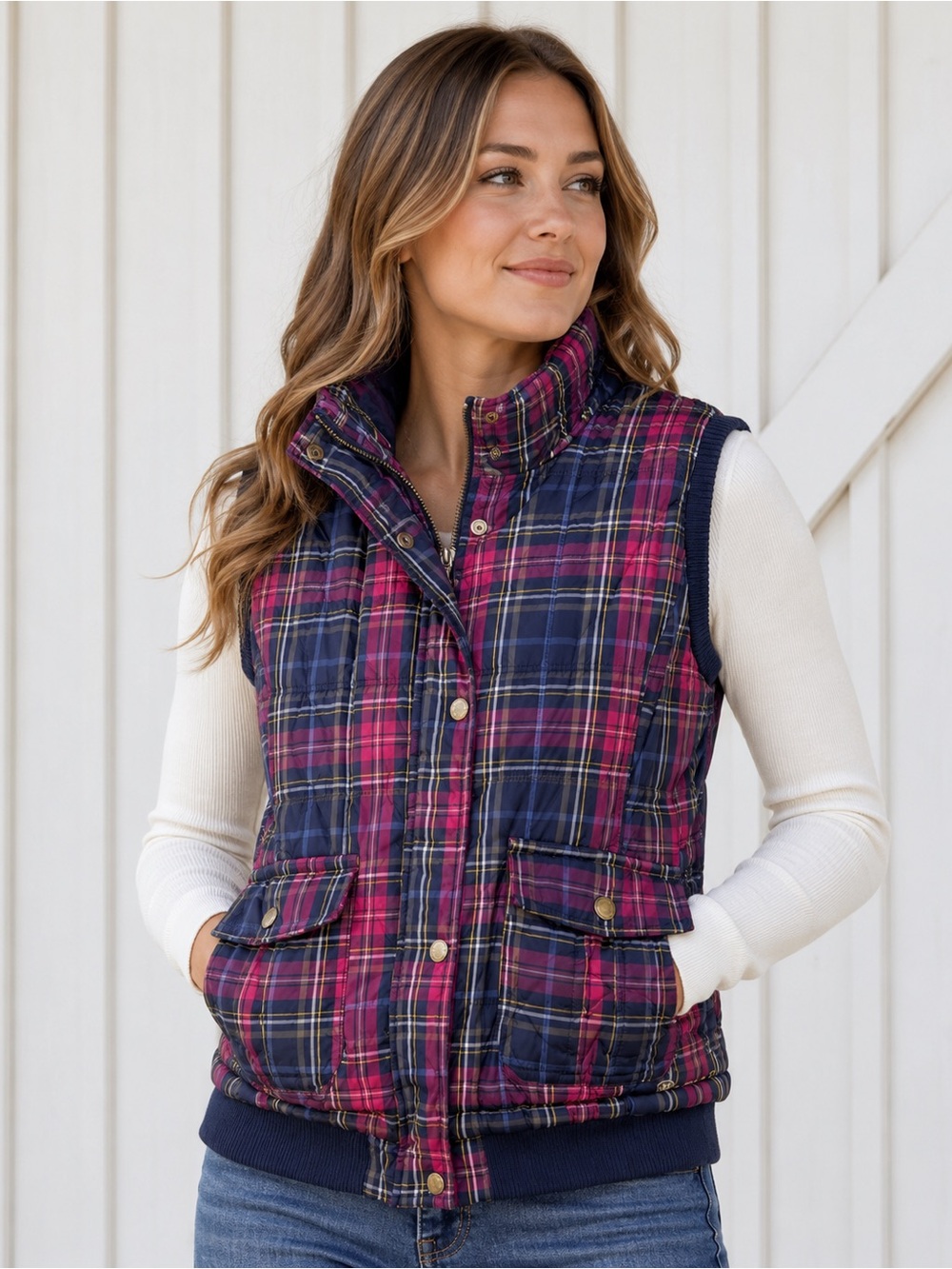 Plaid Quilted Vest - Navy & Magenta